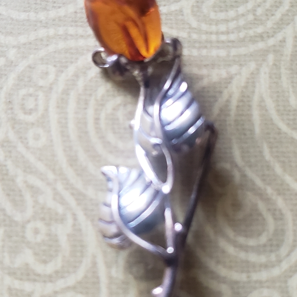 Pretty Sterling Silver Cognac Amber Rose Brooch 925 - Picture 5 of 7